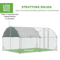 PawHut Recinto per Galline in Metallo Galvanizzato con Tetto e Copertura Anti UV, 280x380x197 cm, Argento(m-6)