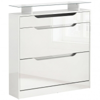 HOMCOM Mueble Zapatero de 2 Puertas Zapatero Estrecho para 16 Pares de Zapatos con Cajón Estante Abierto y Encimera de Vidrio para Pasillo Entrada 89x23x96 cm Blanco