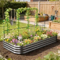 Outsunny Hoogbed met klimrek, metalen plantenbak met beschermrand, handschoenen 220 x 110 x 150 cm, Donkergrijs(m-9)