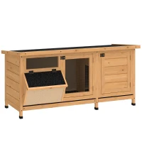 PawHut Cușcă pentru Iepuri din Lemn de Exterior cu Acoperiș din Asfalt, Căsuță cu Uși, Tăvi Detașabile și Hrănitoare, 112x50x54 cm, Galben(m-11)