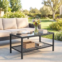Outsunny Rattan Garden Coffee Table Side Table with Shelf Tempered Glass Top Steel Frame 92x50x45 cm Black(m-4)