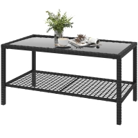 Outsunny Table de Jardin en Rotin Table d'Appoint avec Étagère Plateau en Verre Trempé Structure en Acier 92x50x45 cm Noir