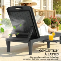 Outsunny Lot de 2 chaises longues de jardin en plastique PP avec plateau latéral, inclinables à 5 positions, gris(m-7)