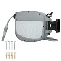 Outsunny Dévidoir de Tuyau Rétractable 10+1 m avec Buse 2 Modes Verrouillage Automatique et Rétraction Contrôlée Support Gris(m-1)