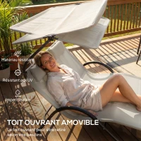 Outsunny Chaise longue bain de soleil transat avec auvent oreiller et roulettes en acier et polyester crème(m-4)