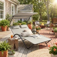 Outsunny Chaise longue bain de soleil transat avec auvent oreiller et roulettes en acier et polyester crème(m-7)