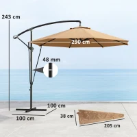 Outsunny Chapéu de Sol Excêntrico Ø 290 cm Chapéu de Sol de Jardim com Base Cruzada Capa de Proteção e Corda de Vento Cáqui(m-3)
