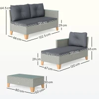 Outsunny 3 Pieces Rattan Garden Furniture Set, L Shaped Garden Conversation Chaise Lounge Furniture with Wood Top Coffee Table and Thick Cushions, Charcoal Grey(m-3)