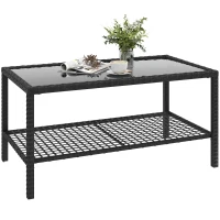Outsunny Table de Jardin en Rotin Table d'Appoint avec Étagère Plateau en Verre Trempé Structure en Acier 92x50x45 cm Noir(m-6)