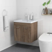 kleankin Meuble sous lavabo suspendu avec bassin en céramique et 2 compartiments 60 x 45,5 x 60 cm marron clair(m-10)