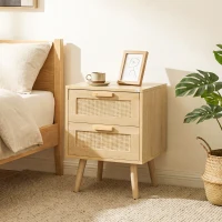 HOMCOM 2er-Set Nachttische im Boho-Design, 2 Nachttische, Rattangeflecht, 4 Schubladen, Natur(m-9)