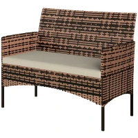 Outsunny 2-seater Rattan Garden Sofa PE-Rattan Outdoor Patio Sofa with Cushion, Anti-Slip Mats, Steel Frame, Khaki(m-7)