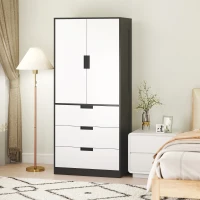 HOMCOM 2 Door Wardrobe, Modern Wardrobe with 3 Drawers and Hanging Rod for Bedroom, Black(m-2)