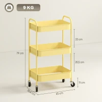 HOMCOM Chariot Auxiliaire avec Roulettes de 3 Niveaux Chariot de Cuisine avec 3 Paniers et 2 Poignées 45x30,6x79 cm Jaune(m-3)