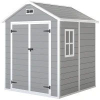 Outsunny Abrigo de Jardim em Resina 182x151x219 cm com Piso Janela Ventilação Portas Duplas Cinzento(m-1)