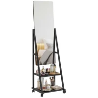 HOMCOM Free Standing Dressing Mirror, Rolling Full Length Mirror on Wheels with Adjustable Angle, Storage Shelves for Bedroom(m-10)