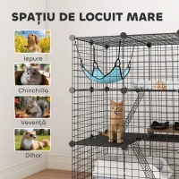 PawHut Cușcă pentru Pisici 105 cm de Interior, Recinto din Oțel cu 3 Uși, Design Personalizabil DIY pentru Pisoi, Spațiu pe 3 Niveluri cu Scări, Hamac și Platformă, Negru(m-7)