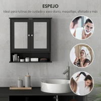 kleankin Armario de Baño con Espejo Armario de Pared con 2 Puertas Estante Abierto Estante Ajustable 56x13x58cm Negro(m-5)