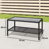 Outsunny Table de Jardin en Rotin Table d'Appoint avec Étagère Plateau en Verre Trempé Structure en Acier 92x50x45 cm Noir(m-3)