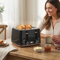 HOMCOM Torradeira 4 Fatias com 7 Níveis de Tostagem Elevação Alta Aquecer Descongelar Cancelar 1860W Preto com Padrão em Colmeia(m-4)