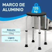 HOMCOM Taburete de Ducha de Aluminio con Altura Regulable Antideslizante Carga 135 kg para Ancianos y Discapacitados(m-4)