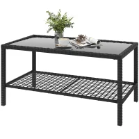 Outsunny Rattan Garden Coffee Table Side Table with Shelf Tempered Glass Top Steel Frame 92x50x45 cm Black(m-7)