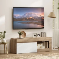 HOMCOM Mueble de TV Moderno para Salón con 2 Puertas Estante Abierto para Televisión 60 Pulgadas 140x40x48 cm Blanco y Natural(m-2)