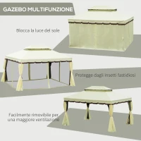 Outsunny Gazebo da Giardino 4x3 m con Zanzariera e Tende, Tetto Doppio e Rivestimento Anti-UV, Crema(m-5)