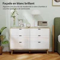 HOMCOM Commode 6 tiroirs, meuble de rangement à haute brillance, 5 pieds en bois, 110 x 40 x 75 cm, blanc et chêne(m-5)
