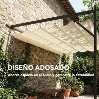 Outsunny Pérgola de Pared de Jardín 4x3 m con Techo Retráctil Protección UPF30+ Drenaje Cenador de Jardín para Exterior Crema(m-4)