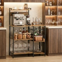 HOMCOM Raft de bucătărie cu priză multiplă pentru microunde, cu rafturi și coș din plasă, 90x42x130cm, maro(m-9)