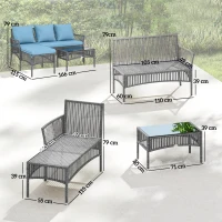 Outsunny Conjunto de Jardín Exterior de Ratán con 1 Sofá de 2 Plazas 1 Sofá Esquinera y 1 Mesa de Centro Tablero de Vidrio Azul(m-3)