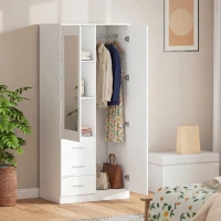 HOMCOM 2 Door 3 Drawer Mirrored Wardrobe with Hanging Rail, Modern Clothes Storage Cupboard with Mirror, Drawers and Adjustable Shelves for Bedroom, 80 x 50 x 180 cm, White(m-2)