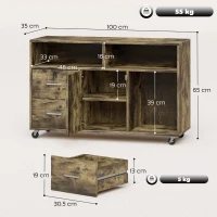 HOMCOM Dulap pentru Imprimantă pe Roți cu 2 Sertare, Încuietoare cu Cheie, 3 Rafturi și Dulap, pentru Documente de Birou și Studiu, 100x35x65 cm, Maro Rustic(m-3)
