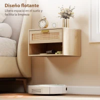 HOMCOM Juego de 2 Mesitas de Noche Flotantes con Cajón de Ratán Estante Abierto Ahorra Espacio 40x30x25 cm Roble(m-6)