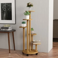 Outsunny Soporte para Plantas de Bambú con Ruedas de 5 Niveles Estantería Redonda para Plantas para Esquina 33x33x90 cm Natural(m-2)