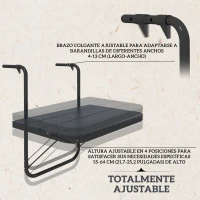 Outsunny Mesa Colgante para Balcón Plegable de Aluminio con Altura Ajustable en 4 Niveles Carga 25 kg 60x40x55-64 cm Negro(m-4)