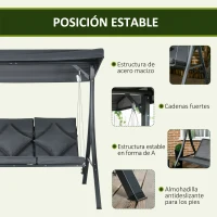 Outsunny Balancín de Jardín Exterior Columpio de 3 Plazas con Toldo Ajustable y Marco de Acero 202x115x168 cm Gris Oscuro(m-7)