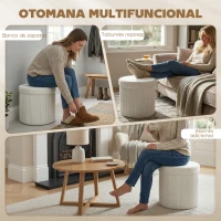 HOMCOM Puff Almacenaje Banco Almacenaje Plegable 35 L 38x38x38 cm Tapizado en Terciopelo Baúl de Almacenamiento Redondo Crema(m-7)