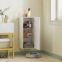 HOMCOM Dulap de Baie Suspendat cu Ușă Fără Mâner, 2 Rafturi Reglabile din Sticlă, Mobilier Suspendat Multifuncțional, 30x23,4x71,2 cm, Alb Lucios(m-7)