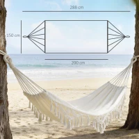 Outsunny Rede Exterior Boémia, Rede de Jardim Suspensa com Franjas e Saco de Transporte extra-larga 288 x 150 cm, Bege(m-3)