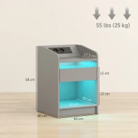 HOMCOM Mesa de Cabeceira com Luzes LED Gaveta Prateleira Estação de Carregamento Entrada USB e Controlo Remoto 40x40x58 cm Cinzento(m-3)