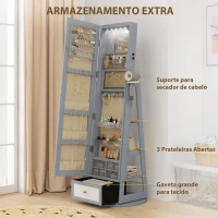 HOMCOM Espelho de Pé Giratório 360° com Espelho com Interior Iluminado Organizador de Jóias com Prateleiras e Gavetas 56x56x164(m-7)