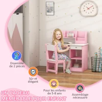 ZONEKIZ Bureau enfant avec chaise ergonomique avec clavier coulissant tiroir niches et étagères ouvertes 90 x 45 x 90 cm rose(m-6)