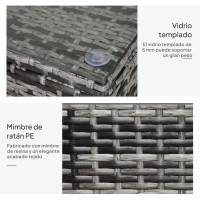 Outsunny Mesa Exterior Terraza de Ratán Sintético Mesa Auxiliar con Vidrio Templado para Terraza Patio Balcón 85x50x39 cm Gris(m-5)