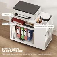 HOMCOM Dulap pentru Imprimantă cu Roți, Dulap Multifuncțional cu Compartimente Deschise, Raft și Spațiu de Depozitare, Noptieră pentru Living, Cameră sau Birou, 70x36x60 cm, Alb(m-4)