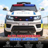 HOMCOM Carro Elétrico para Crianças Carro Elétrico Infantil de Policia 12V com Bluetooth USB Luz Sirene 110x68x52 cm  Branco(m-7)