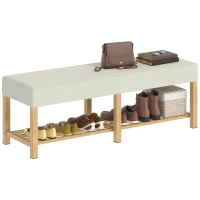 HOMCOM Banco Zapatero con Asiento Acolchado 2 Personas Estante Abierto Marco de Madera 140x44x48 cm Crema y Madera Natural(m-10)
