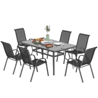 Outsunny Juego de Mesa y 6 Sillas para Terraza con Orificio para Sombrilla y Encimera de Cristal para Terraza Patio Gris(m-11)