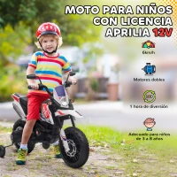 AIYAPLAY Moto Eléctrica para Niños 12V con Licencia Aprilia con Ruedas Auxiliares Desmontables 6 km/h Suspensión Trasera Blanco(m-4)